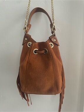 Fringe Suede Drawstring Shoulder Bag in Brown Anna Paola Italy YSL look NWOT